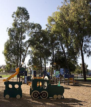 A children's playground with trees