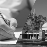 A hand holding a pencil and writing on paper alongside a public health department buildiing