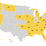 This map shows the 34 US states with certificate of need laws regulating the construction of new healthcare facilities.