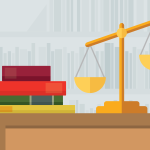 A stack of legal books next to a small scale on top of a table