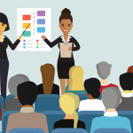 Two presenters in front of a small audience