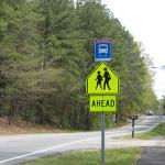 A street with a school crossing sign