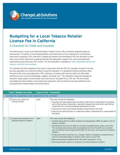 Budgeting for a Local Tobacco Retailer License Fee in California Cover