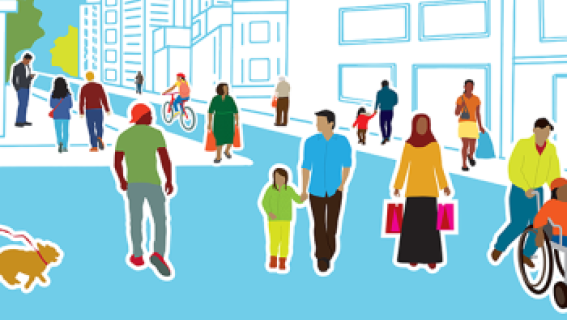 Colorful illustration of a lively city street with diverse people walking, cycling, and shopping. A dog walks joyfully, creating a vibrant, communal atmosphere.