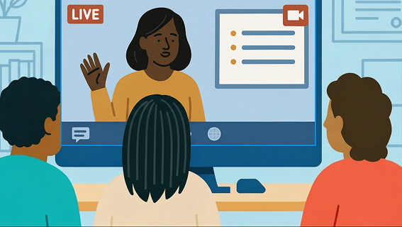 Illustration of three people watching a live video call on a computer screen. A person on the screen waves, conveying a friendly, interactive atmosphere.