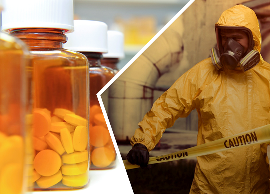 Medicine and a man in a hazmat suit
