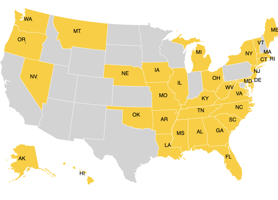 This map shows the 34 US states with certificate of need laws regulating the construction of new healthcare facilities.