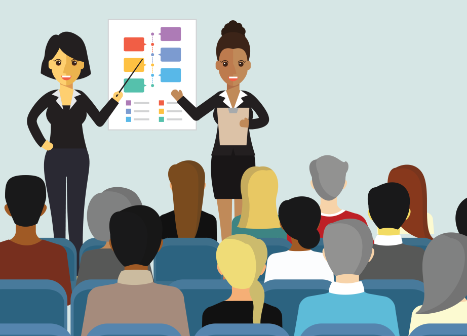 Two presenters in front of a small audience