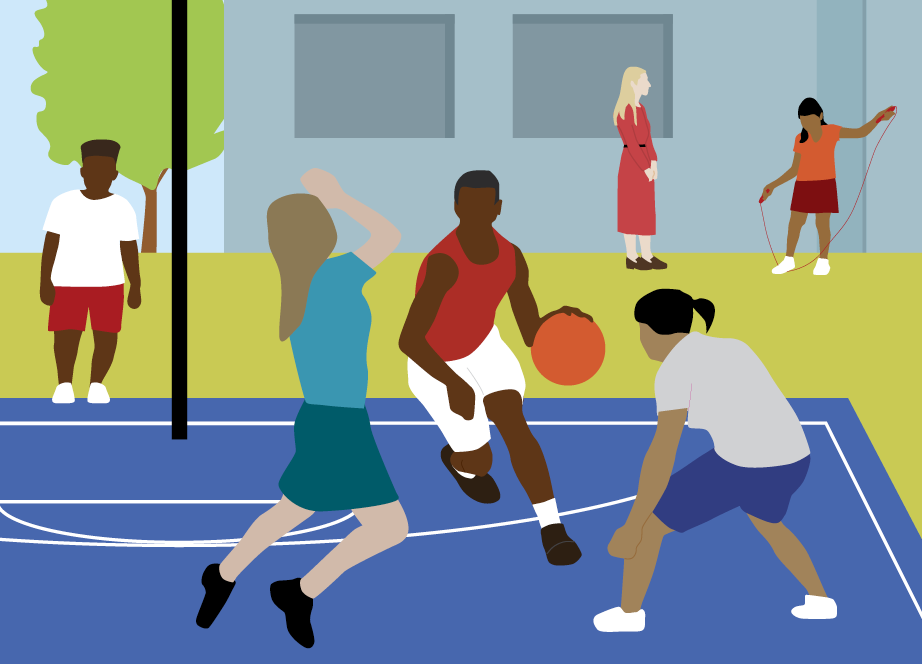 Youth playing basketball outside