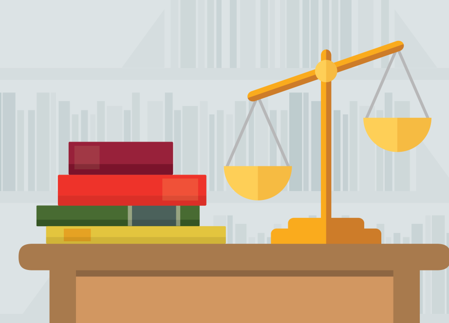 A balanced scale and a stack of colorful books on a wooden desk, set against a backdrop of a bookshelf, conveying themes of law and knowledge.