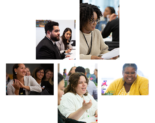 A collage of diverse individuals engaged in discussions at a professional event. They appear attentive, collaborative, and warmly interacting.