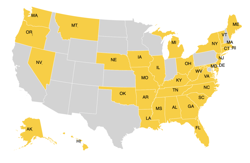 This map shows the 34 US states with certificate of need laws regulating the construction of new healthcare facilities.