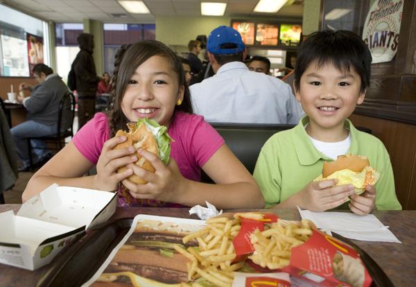 Children eating at a fast food restaurant